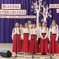 Sala gimnastyczna udekorowana fioletowymi zasłonami oraz napisami RADOSNA NIEPODLEGŁOŚCI gminny konkurs pieśni patriotycznych oraz Wolność kocham i rozumiem - wolności oddać nie umiem, zdjęcia występów konkursowych, wójta dyrektora szkoły, nauczycieli itp...