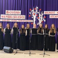 Sala gimnastyczna udekorowana fioletowymi zasłonami oraz napisami RADOSNA NIEPODLEGŁOŚCI gminny konkurs pieśni patriotycznych oraz Wolność kocham i rozumiem - wolności oddać nie umiem, zdjęcia występów konkursowych, wójta dyrektora szkoły, nauczycieli itp...