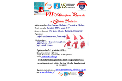 Plakat - loga WSIR Gmina Chełmiec Akademia Nauk Stosowanych Szkoła Podstawowa w Świniarsku - oraz tekst - VII Mikołajkowe Pływanie w Gminie Chełmiec Miejsce zawodów: Aqua Centrum Chełmiec - Pływalnia w Chełmcu Termin zawodów: 8 grudnia 2023 r.  godz. 9:00