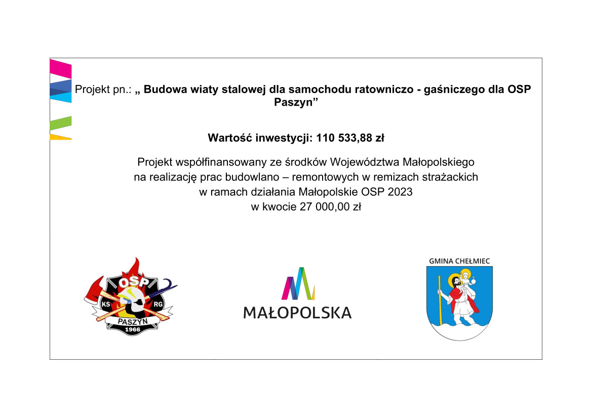 Tablica informacyjna: Projekt pn.: Budowa wiaty stalowej dla samochodu ratowniczo - gaśniczego dla OSP Paszyn Wartość inwestycji: 110 533,88 zł  Projekt współfinansowany ze środków Województwa Małopolskiego  na realizację prac budowlano — remontowych w remizach strażackich  w ramach działania Małopolskie OSP 2023  w kwocie 27000 zł  - na dole loga OSP Małopolski i Gminy Chełmiec