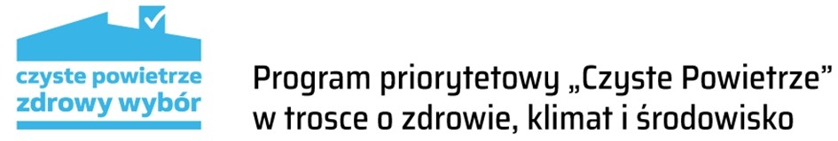 Logo programu czyste powietrze - niebieska ikona domu z napisem czyste powietrze zdrowy wybór - obok napis: Program priorytetowy Czyste Powietrze w trosce o zdrowie, klimat i środowisko